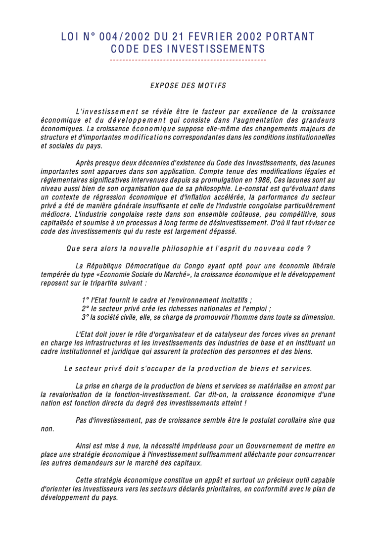 Code des Investissements RDC